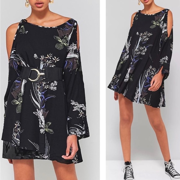 Free People Clear Skies Black Floral Cold Shoulder Mini Dress Size XS - Picture 2 of 12